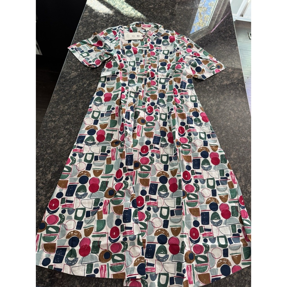 Seasalt Cornwall Organic Cotton Midi Dress Abstract Geometric Pink Green US 10